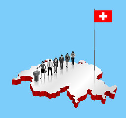 Swiss citizens voting for Switzerland referendum over an 3D map with Flagpole