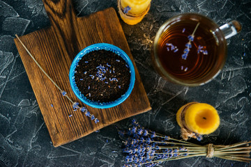 Tea, candles and lavender. The concept of comfort and autumn.
