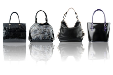Black female handbags collection isolated on white background.Front view.

