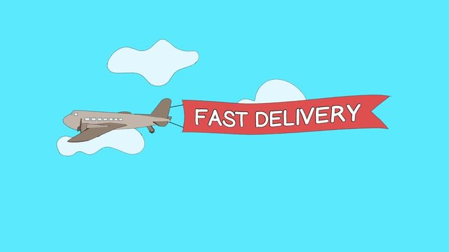 Airplane is passing through the clouds with "Fast Delivery" banner - Seamless loop