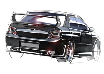 Sketch urban youth car in a sporty style with a powerful high-speed motor.