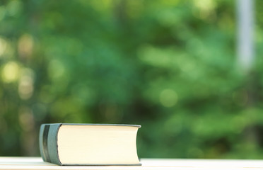 A big book on a shiny green forest background