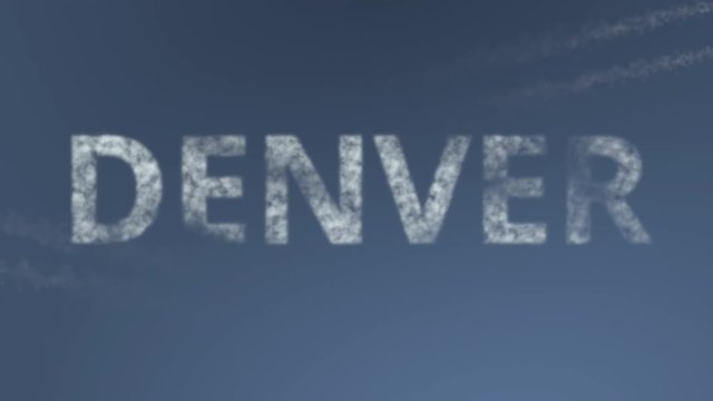Flying airplanes reveal Denver caption. Traveling to the United States conceptual intro animation