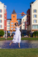  Woman, kite, white dress, landscape