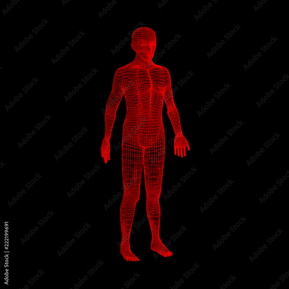 Poster red evil on halloween's day. wireframe model with connection lines on black background, artificial i