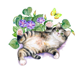 Playful kitten with flowers and a butterfly. Bouquet of flowers morning gloria. Playing cute cat isolated on white background. Watercolor. Illustration. Template. Close-up. Clip art. Hand drawing.