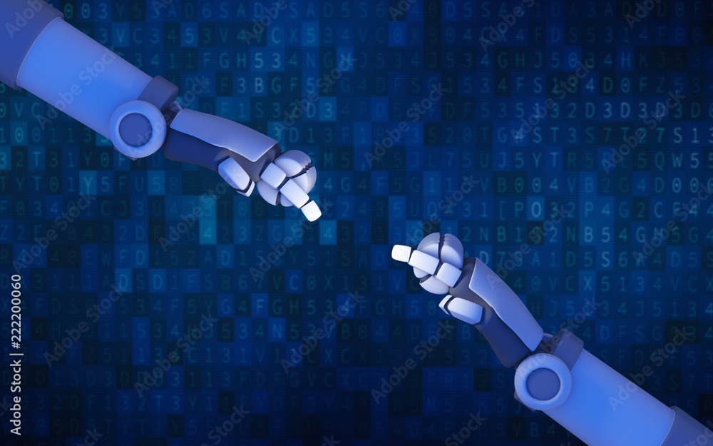 Poster robot hands pointing to each other on blue computer data code background in futuristic technology co