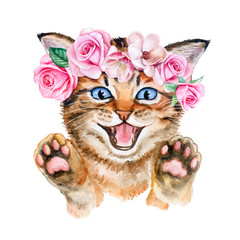 kitten in a flower wreath with roses. Crown with pink roses and spring flowers isolatedon a white background. Watercolor. Illustration. Template. Close-up. Clip art. Hand drawing.