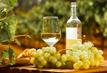 still life with glass of White wine grapes and bread on table in field