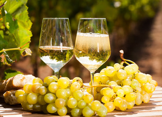 still life with glass of White wine grapes and bread on table in field