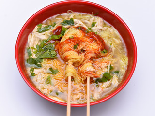 a cup of mee-hoon soup isolated on the white background