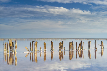 wooden columns under sky with clouds on the red salt lake in Ukraine
