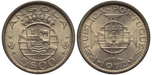 Portuguese Angola Angolan coin 5 five escudo 1972, arms, shield with elephant, antelope, smaller...