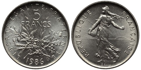 France French coin one franc 1986, rare year, inscription in French liberty, equality, brotherhood,...