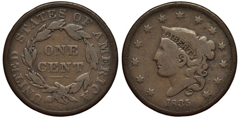 United States coin 1 one cent 1835, big size type, value within circular laurel wreath, Liberty...