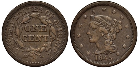 United States coin 1 one cent 1845, big size type, value within circular laurel wreath, Liberty head surrounded by thirteen stars, date below,