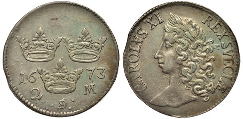 Sweden Swedish silver coin 2 two marks 1673, three crowns divide date and value, ruler King...