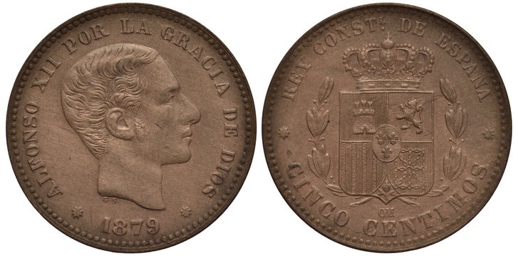 Spain Spanish coin 5 five centimos 1879, ruler king Alfonso XII, head right, crowned shield with lion, tower, stripes and chains, laurel sprigs flank,