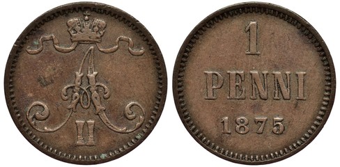 Finland Finnish coin 1 one penny 1875, Russian Administration, crowned monogram of Emperor...