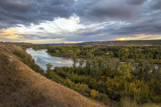 West Calgary View Towards East And Downtown With Bow River, On A Fall Evening