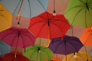ceiling of a large number of colorful floating parasols