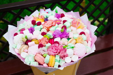 Flowers, fruit bouquet,  pink carnation, marshmallows, macaroons, nature