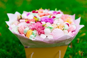 Flowers, fruit bouquet,  pink carnation, marshmallows, macaroons, nature
