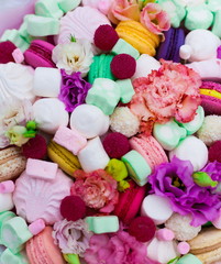 Obraz na płótnie Canvas Flowers, fruit bouquet, pink carnation, marshmallows, macaroons, nature