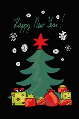 Vector Christmas Tree with Snowflakes and presents on black background.