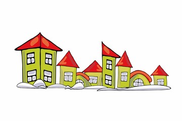 Cartoon houses of different shapes on a white background in snowdrifts. New Year sticker.