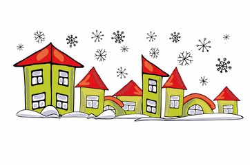 Cartoon green houses of different shapes on a white background in snowdrifts. New Year sticker.
