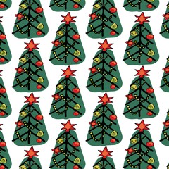 Lovely Christmas and New Year concept seamless pattern for winter holidays ornaments in bright colors. Stylish winter natural background in vector. Fir trees in stars and snowflakes