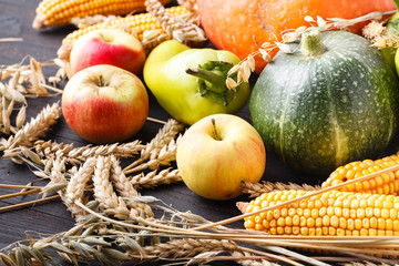 Thanksgiving - different pumpkins with nuts, berries and grain in front of wooden board