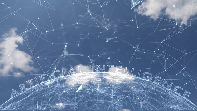 Artistic artificial intelligence words cyberspace animation on sunny sky with clouds.
