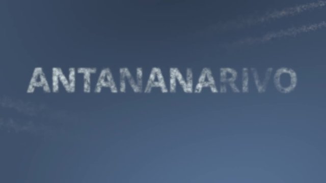 Flying airplanes reveal Antananarivo caption. Traveling to Madagascar conceptual intro animation