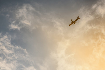 The plane flies in the clouds