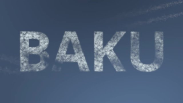 Flying airplanes reveal Baku caption. Traveling to Azerbaijan conceptual intro animation