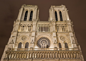 Notre Dame Cathedral at night in Paris, France