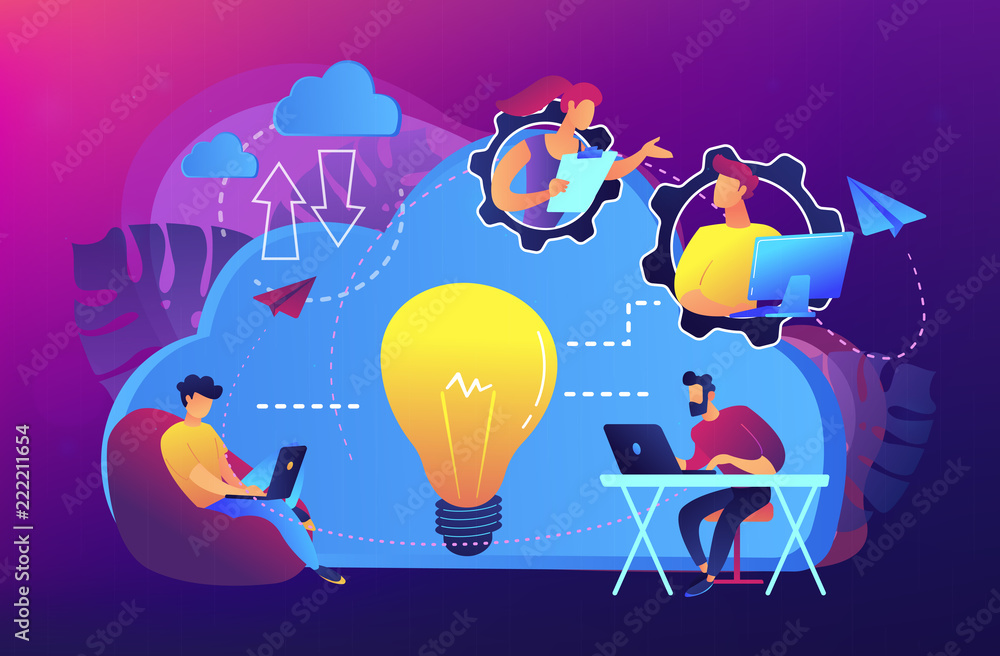 Poster coworking team of users connected by cloud computing and light bulb. online collaboration, remote bu