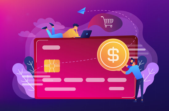 Credit card with dollar coin and users. E-commerce and online shopping, financial operations and plastic card, mobile payment and banking concept, violet palette. Vector isolated illustration.