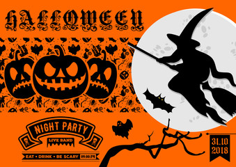 Halloween poster, banner or greeting card with moon and scary flying witch. Vector illustration.