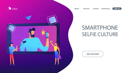 People taking selfie with smartphones and selfie-sticks as a concept of selfie culture, social network, blog, vlog, self-portrait, popularity. Violet palette. Website landing web page template.
