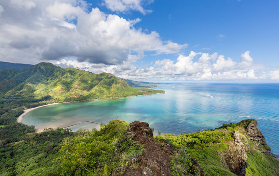 View of Kahana Bay from the dangerous Puu Manamana hike.