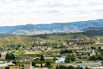 Typical Spanish landscape: vineyards, fields, mountains, sky