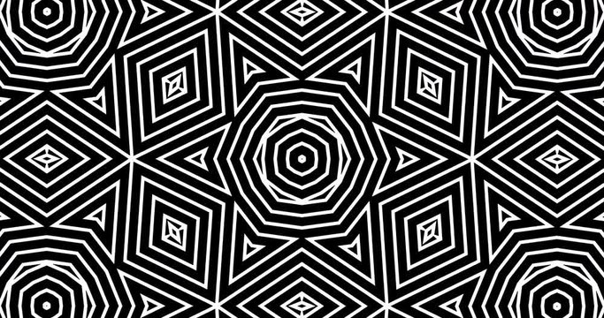 4K Abstract geometric kaleidoscope pattern with an alpha channel. Thin lines shapes move endlessly random. Black and white seamless motion background. Looped 30 sec minimal flower animation backdrop