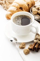 Morning coffee on a white table