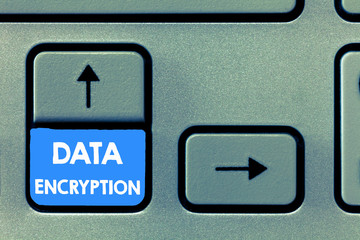 Writing note showing Data Encryption. Business photo showcasing Symmetric key algorithm for the...