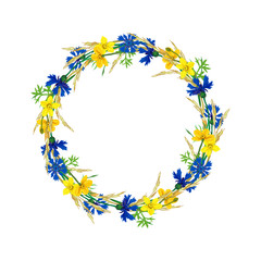 Round frame of spikelets and cornflowers, vector illustration with space for text.