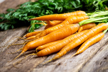 Raw carrot with green leaves on wooden background
