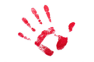 Red hand print on white isolated